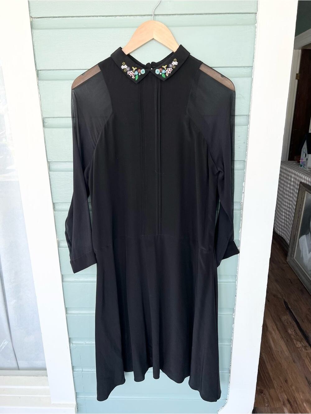 Megan Park 100% silk black beaded collar dress sheer arms whimsigoth goth size 2